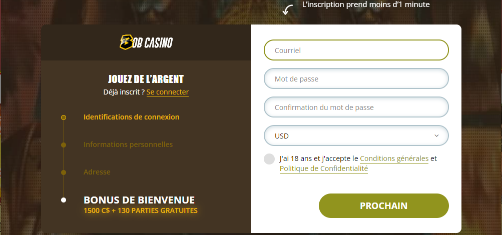 S'inscrire et se connecter Bob Casino mon compte