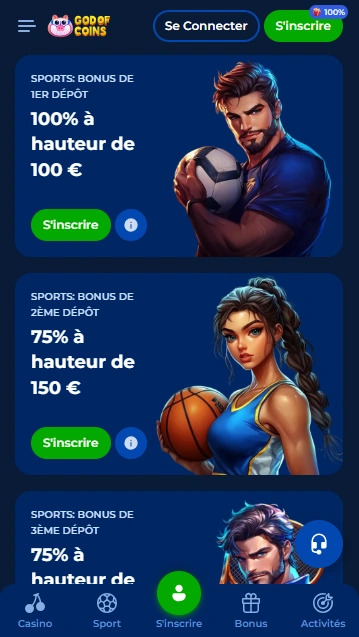 Explorez Primes pour Événements Sportifs au Casino God Of Coins FR