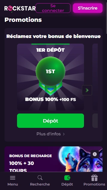 Bonus de Bienvenue de Casino RockStar Bonus sans Depot sur Code Promo au RockStar Casino en Ligne